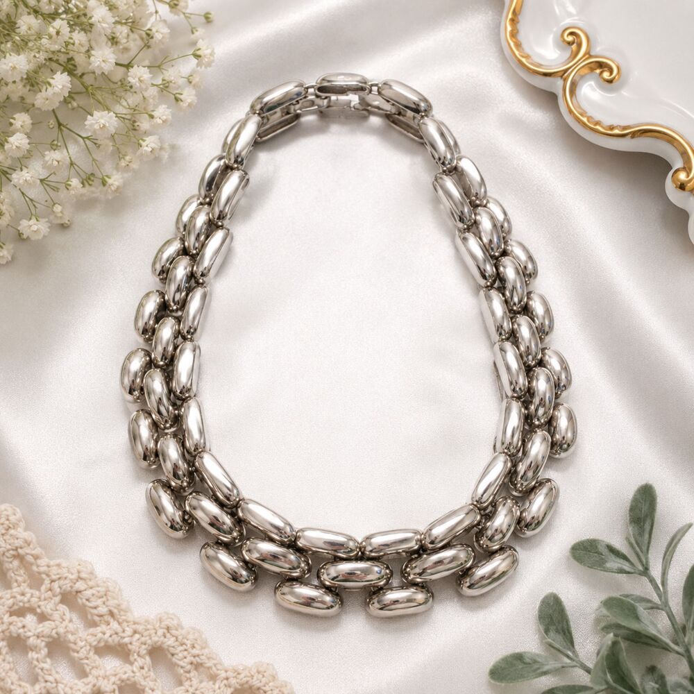 Vintage Silver Tone Chunky Triple Link Statement Necklace 17" - Picture 2 of 7